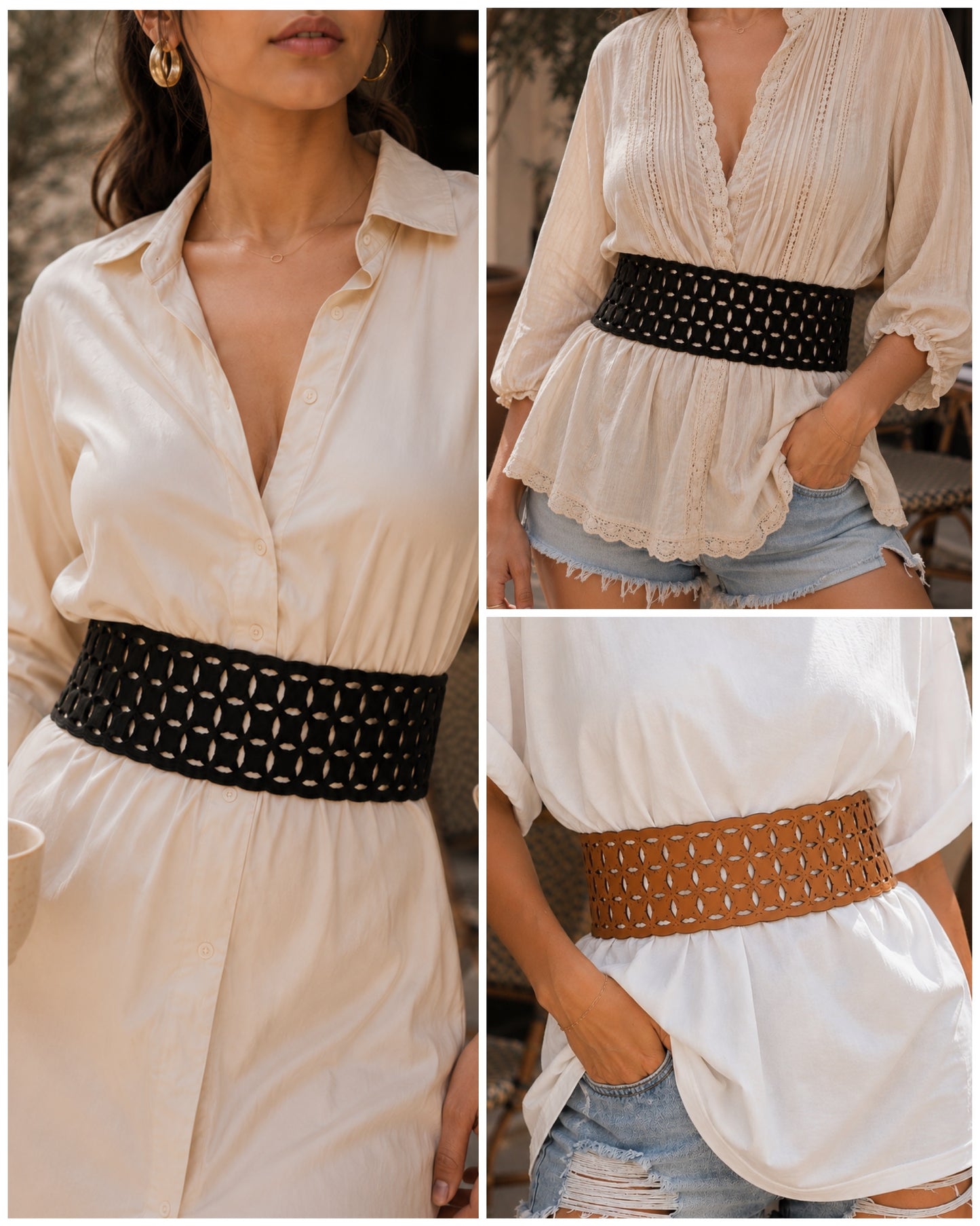 Leather Geometric Cutwork Reversible Wide Waist Belt - Black and Camel
