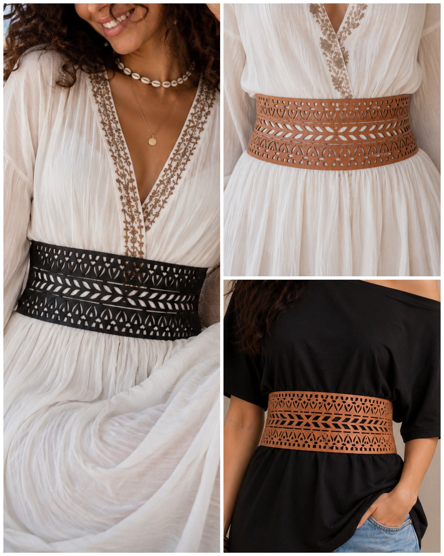 Leather Cutwork Reversible Wide Waist Belt - Black and Camel