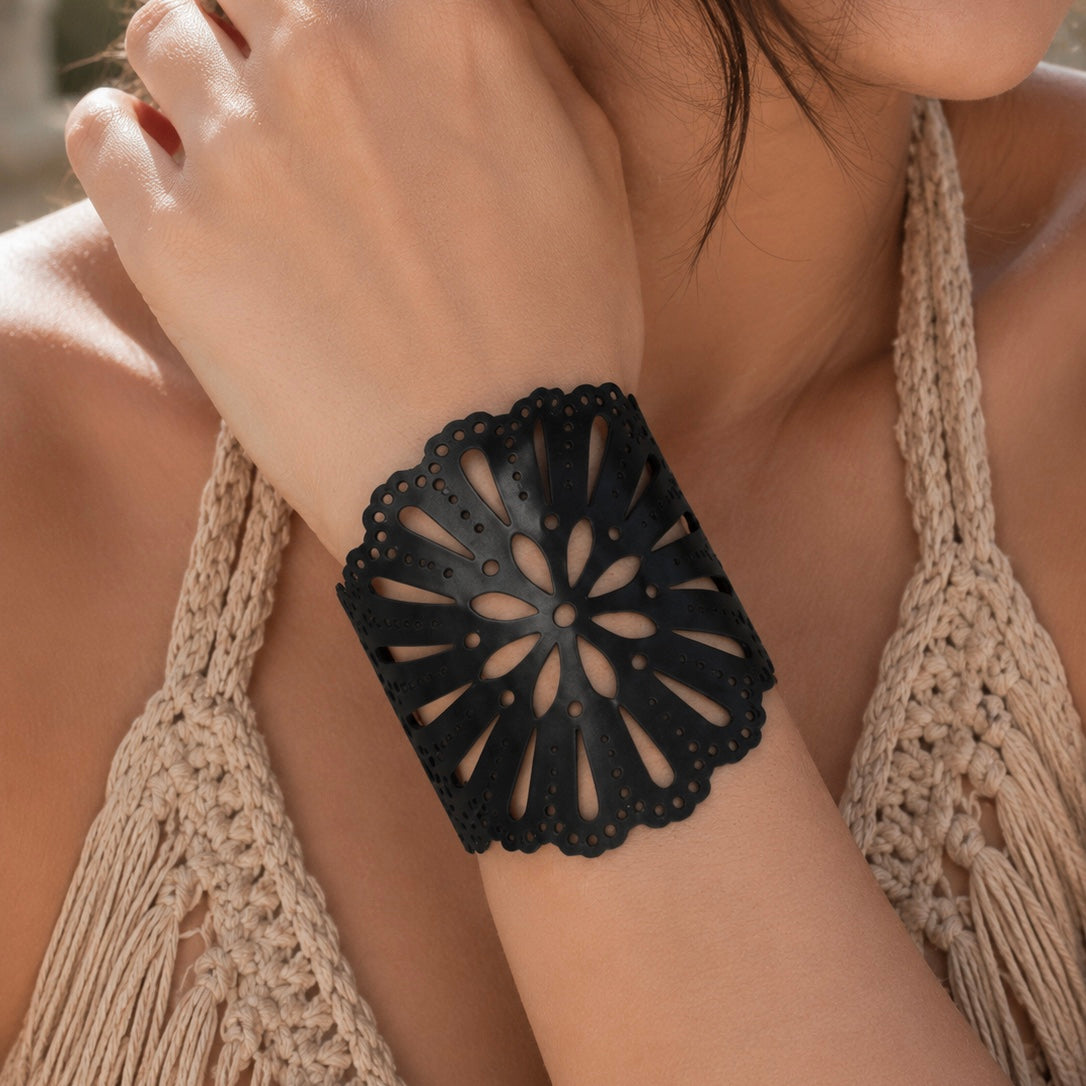 Leather Statement Cutwork Reversible Cuff Bracelet - Black and Camel