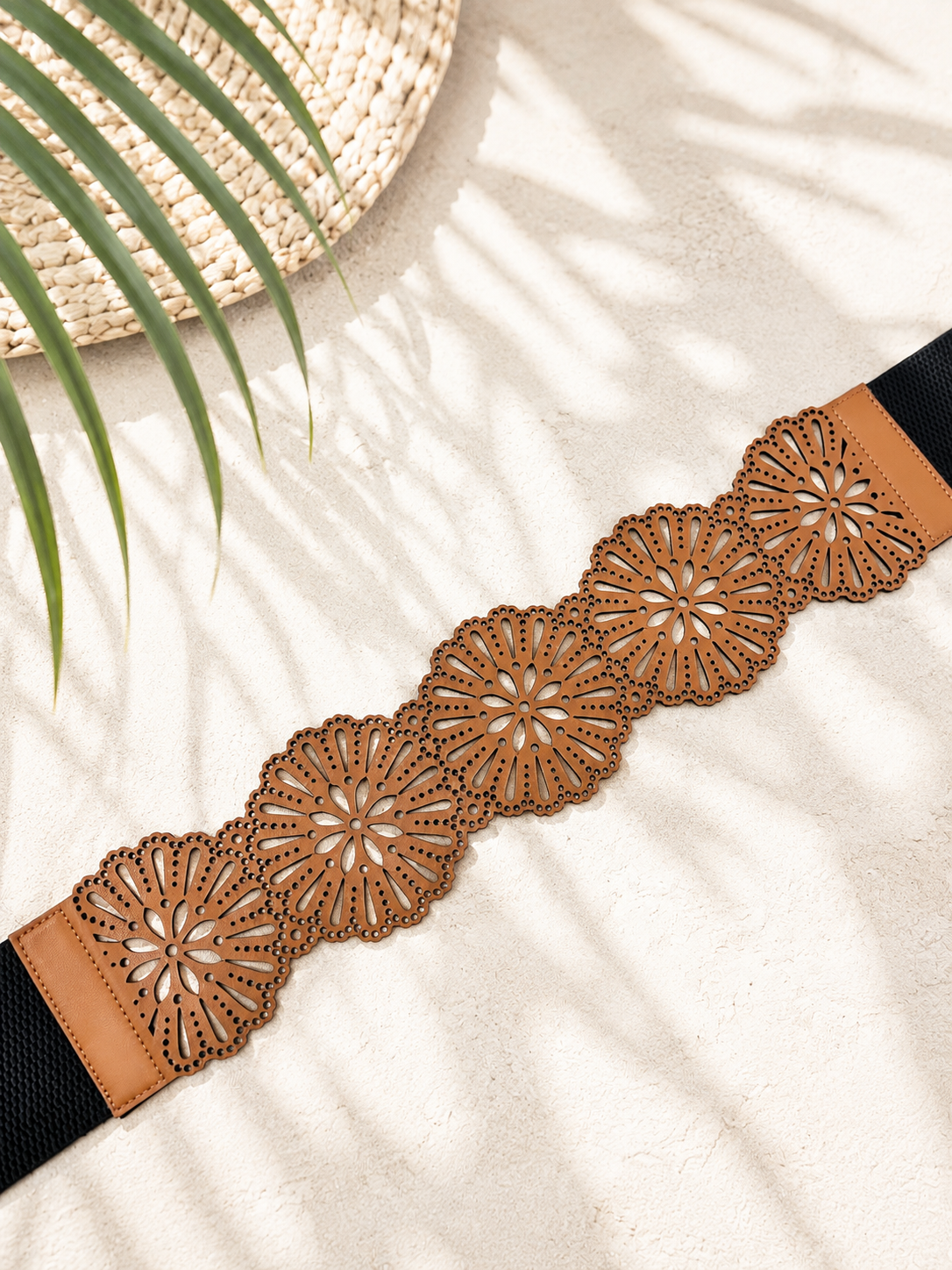 Leather Cutwork Reversible Wide Boho Waist Belt - Black and Camel
