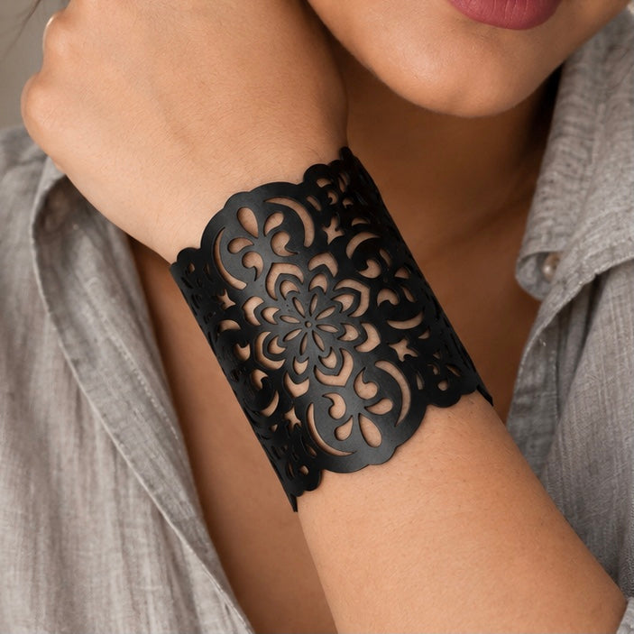 Leather Statement Cutwork Reversible Cuff Bracelet - Black and Camel