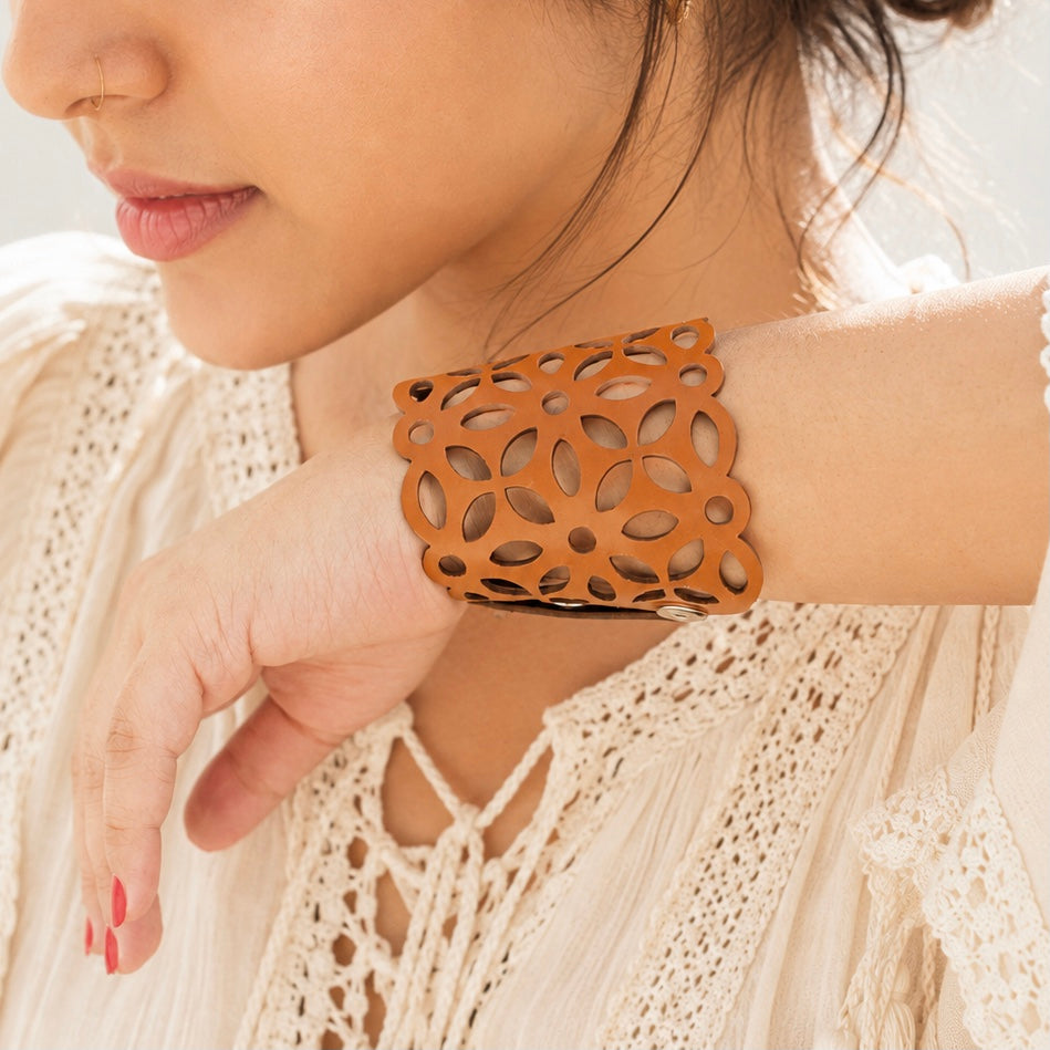Leather Statement Cutwork Reversible Cuff Bracelet - Black and Camel