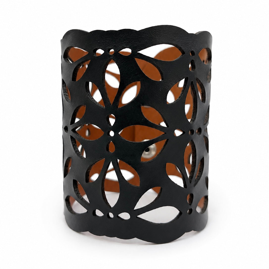 Leather Statement Cutwork Reversible Cuff Bracelet - Black and Camel