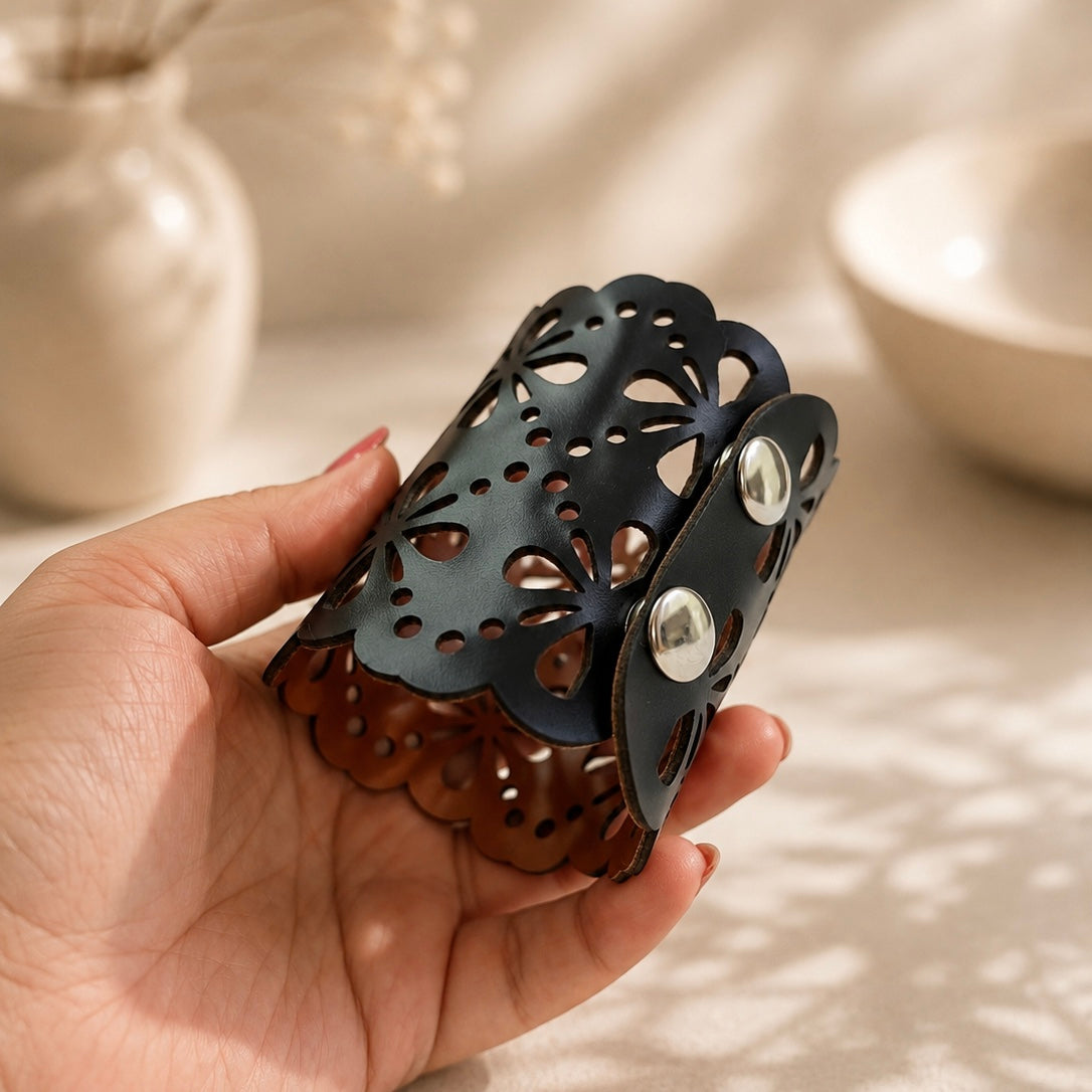 Leather Statement Cutwork Reversible Cuff Bracelet - Black and Camel