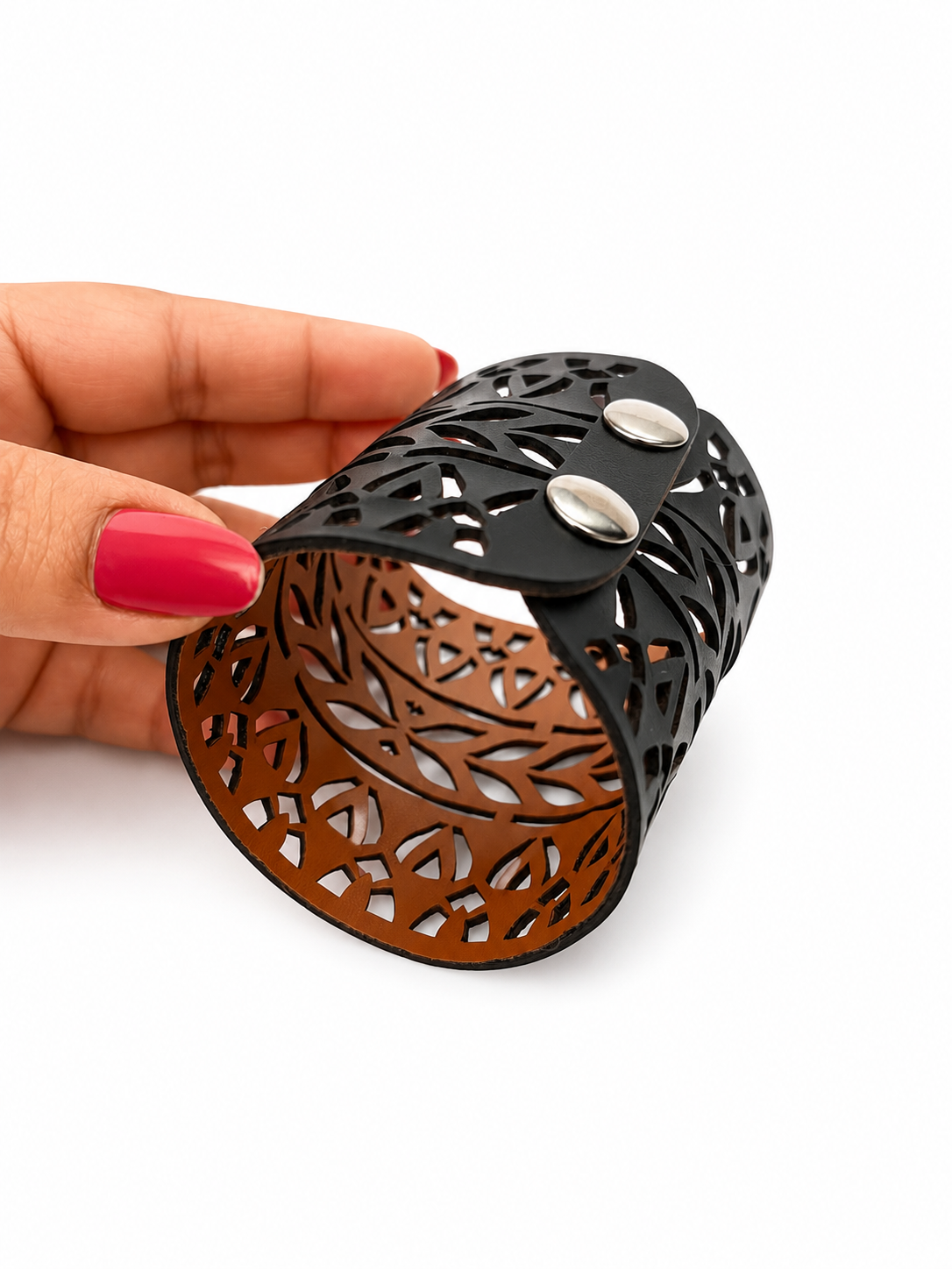 Leather Statement Cutwork Reversible Cuff Bracelet - Black and Camel