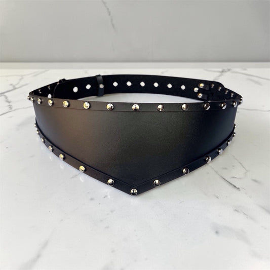 Women's Wide Leather Black Belt - Studded Waist Belt