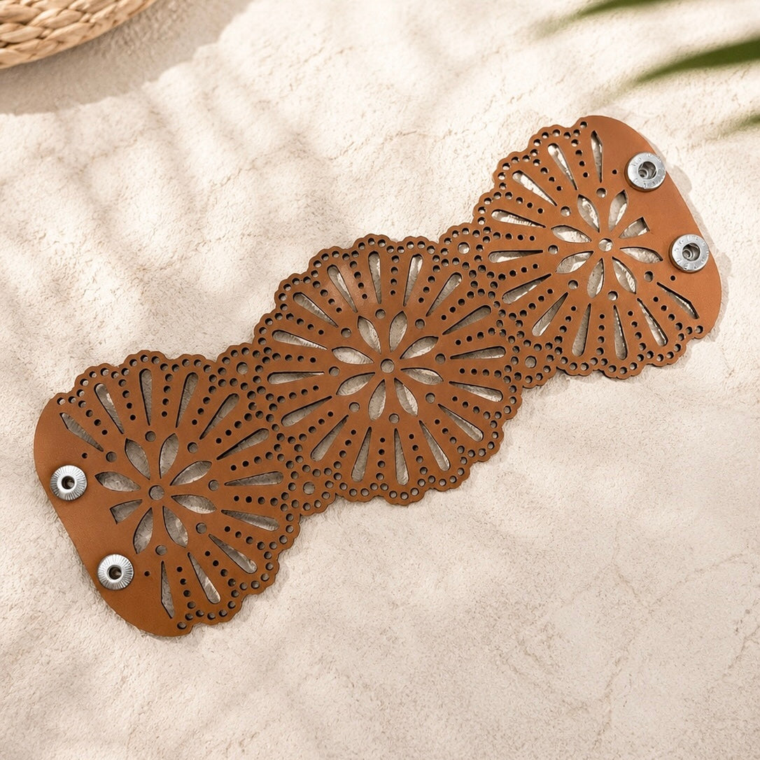 Leather Statement Cutwork Reversible Cuff Bracelet - Black and Camel