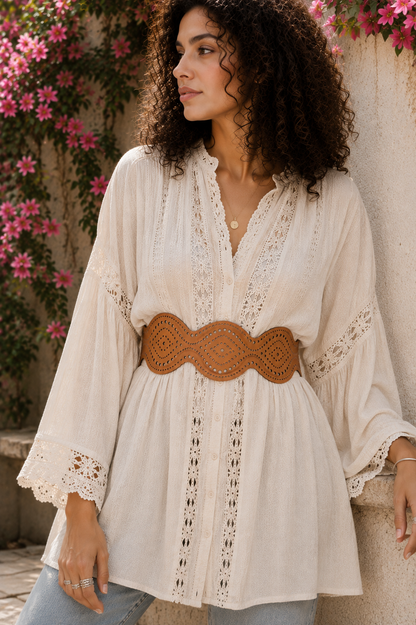 Leather Cutwork Reversible Chic Wide Waist Belt - Black and Camel