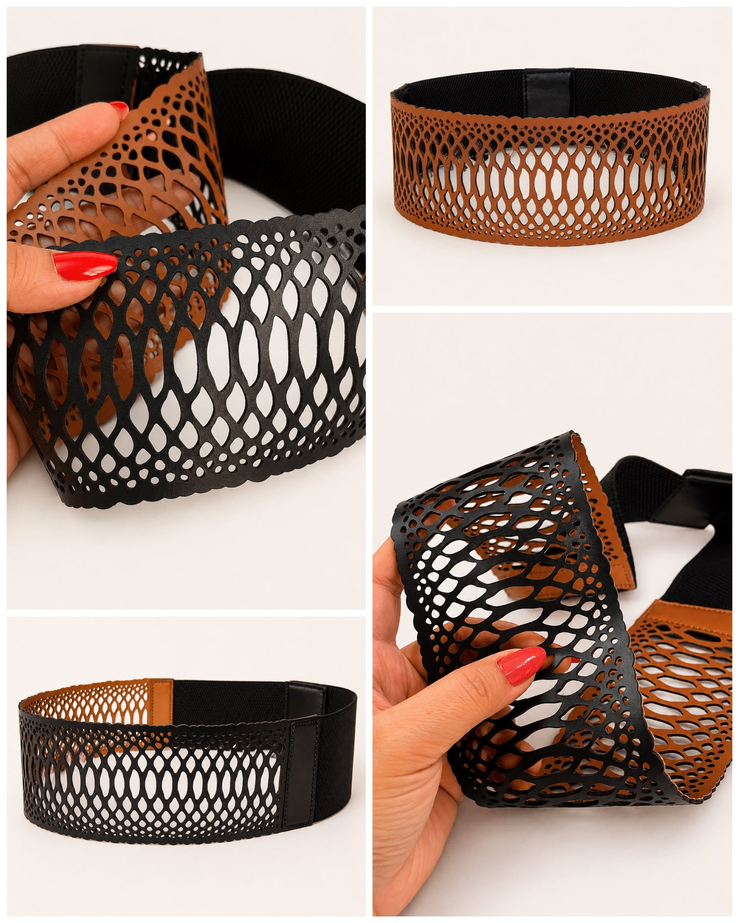 Leather snakeskin Cutwork Reversible Wide Waist Belt - Black and Camel