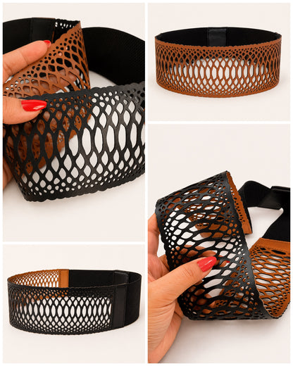 Leather snakeskin Cutwork Reversible Wide Waist Belt - Black and Camel