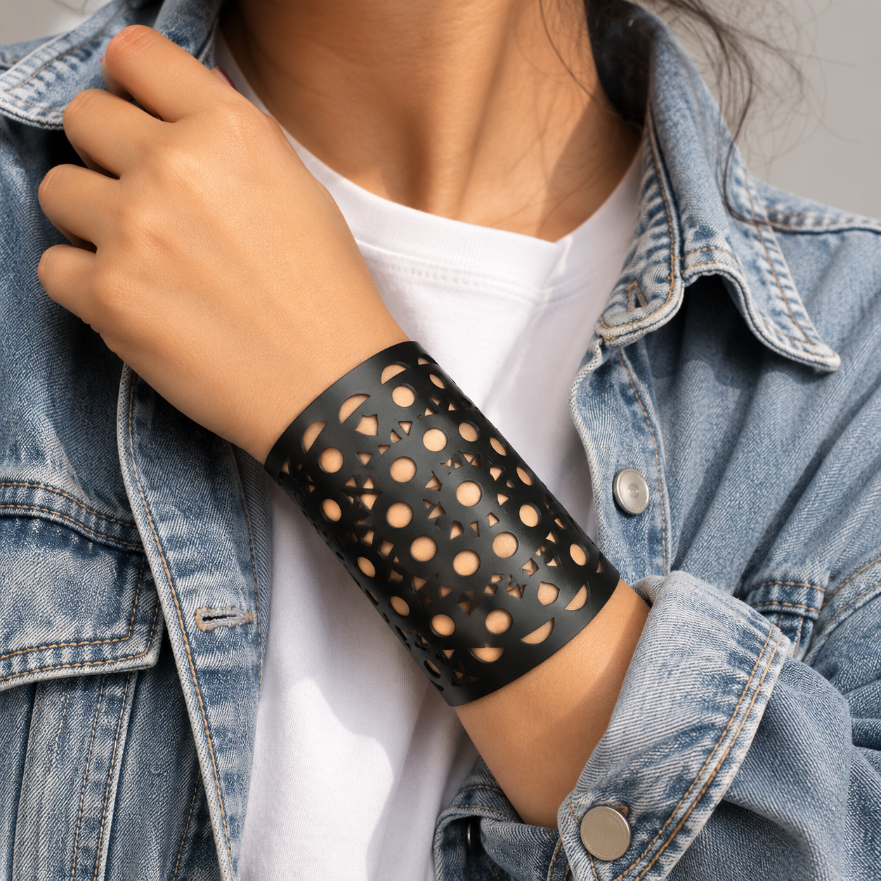 Leather Statement Cutwork Reversible Cuff Bracelet - Black and Camel