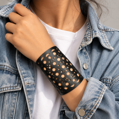 Leather Statement Cutwork Reversible Cuff Bracelet - Black and Camel