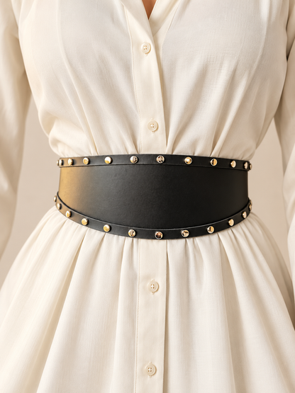 Women's Wide Leather Black Belt for Dresses - Studded Waist Belt