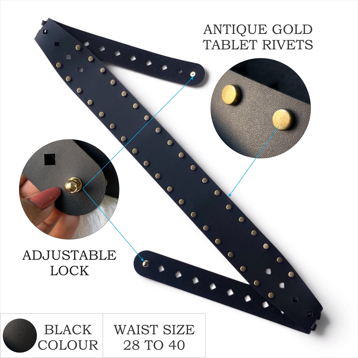 Women's Wide Leather Black Belt - Studded Waist Belt