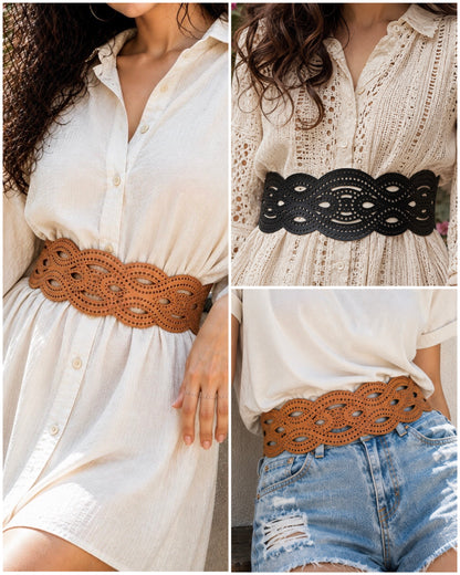 Leather Unique Cutwork Reversible Wide Waist Belt - Black and Camel