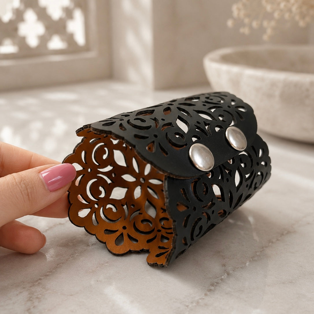 Leather Statement Cutwork Reversible Cuff Bracelet - Black and Camel