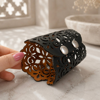 Leather Statement Cutwork Reversible Cuff Bracelet - Black and Camel