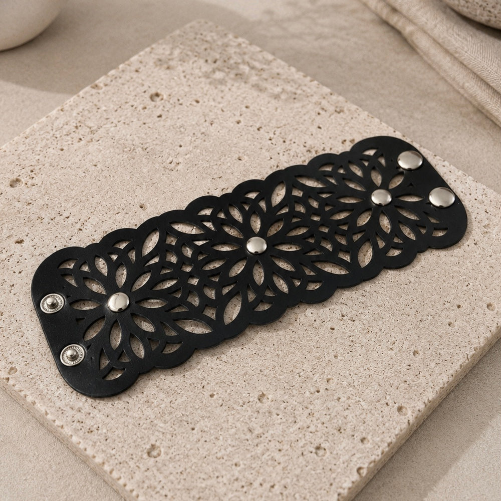 Leather Statement Cutwork Reversible Cuff Bracelet - Black and Camel