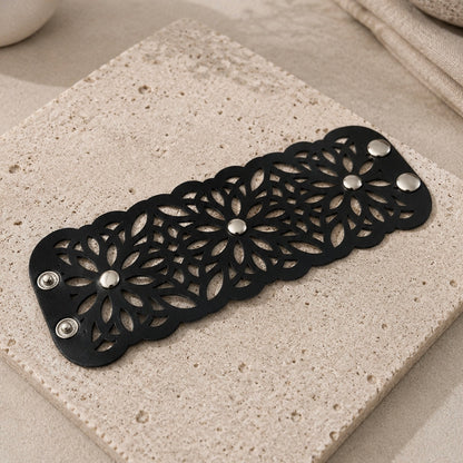 Leather Statement Cutwork Reversible Cuff Bracelet - Black and Camel