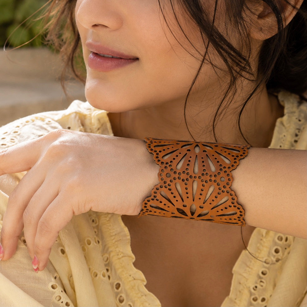 Leather Statement Cutwork Reversible Cuff Bracelet - Black and Camel