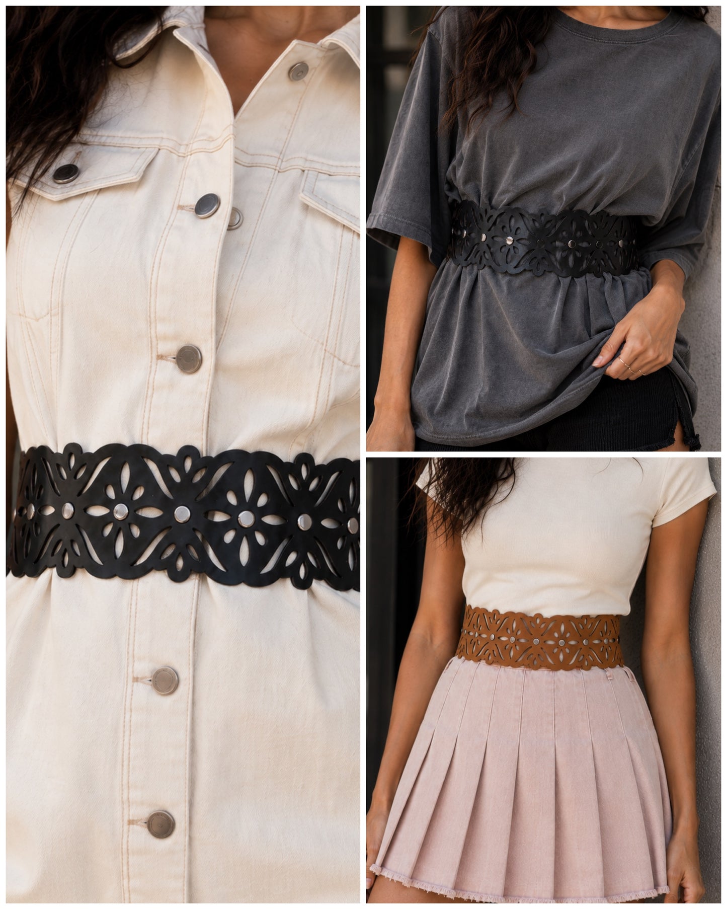Leather Cutwork Reversible Wide Waist Belt with Rivets - Black and Camel