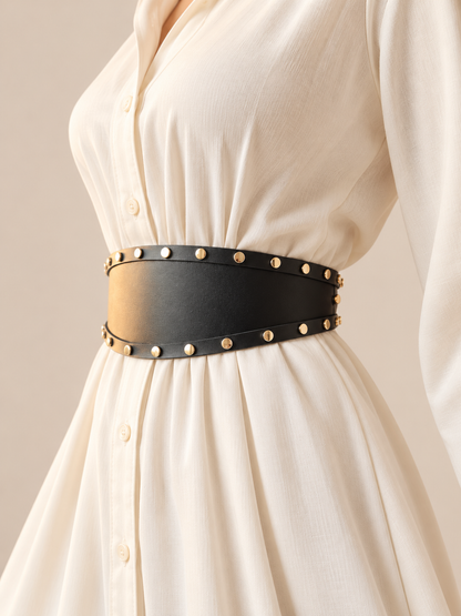 Women's Wide Leather Black Belt for Dresses - Studded Waist Belt