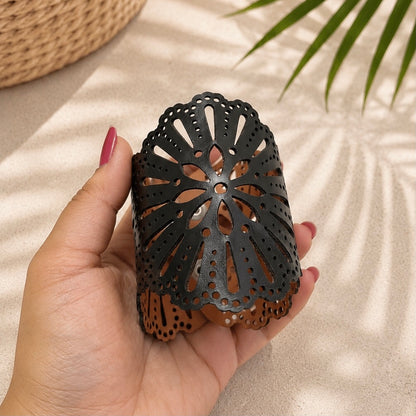 Leather Statement Cutwork Reversible Cuff Bracelet - Black and Camel