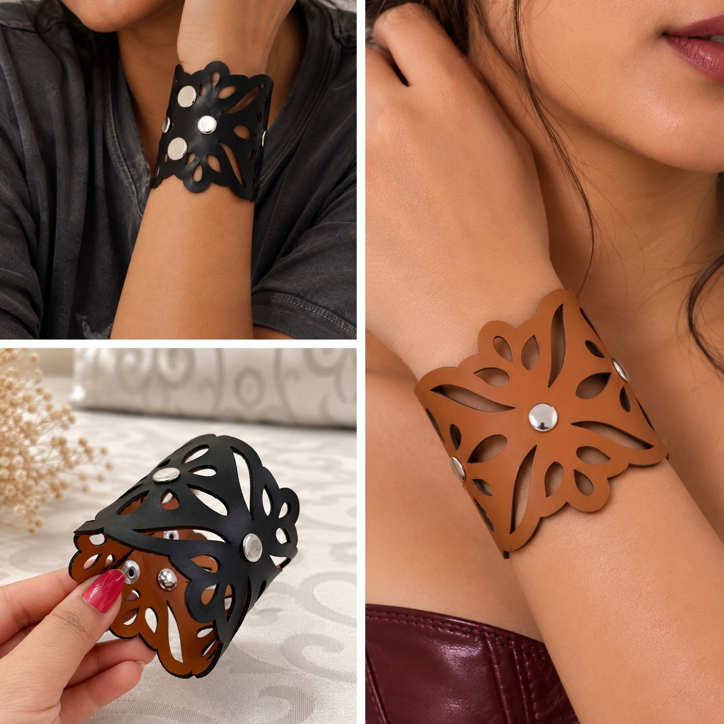 Leather Statement Cutwork Reversible Cuff Bracelet - Black and Camel