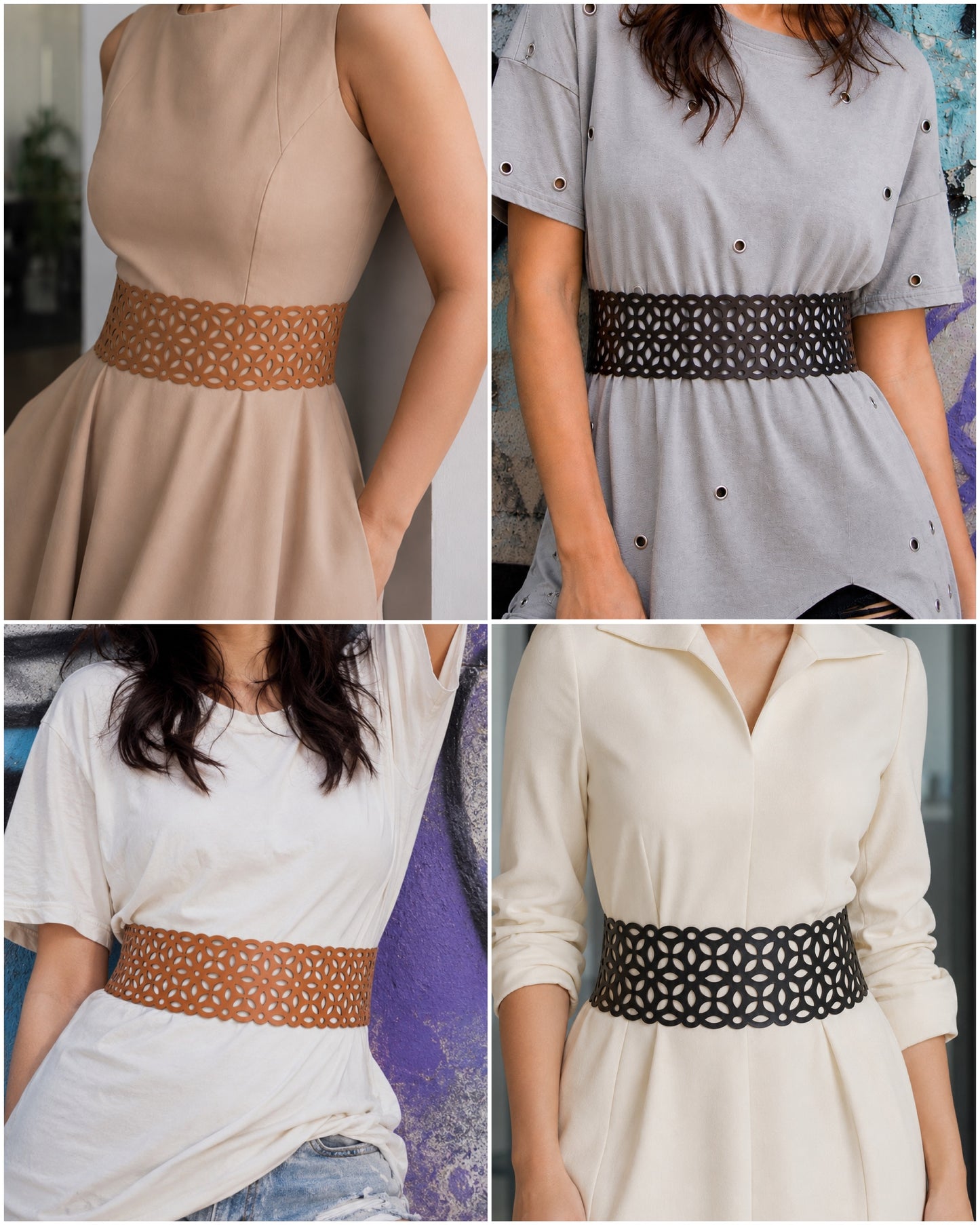Leather Cutwork Reversible Smart Wide Waist Belt - Black and Camel