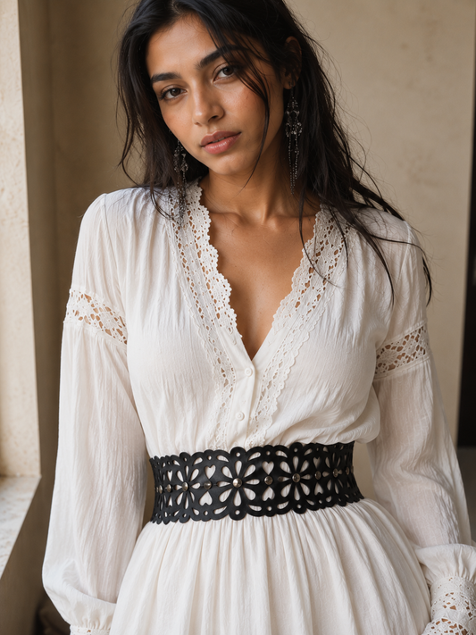 Leather Cutwork Reversible Wide Waist Belt with Rivets - Black and Camel