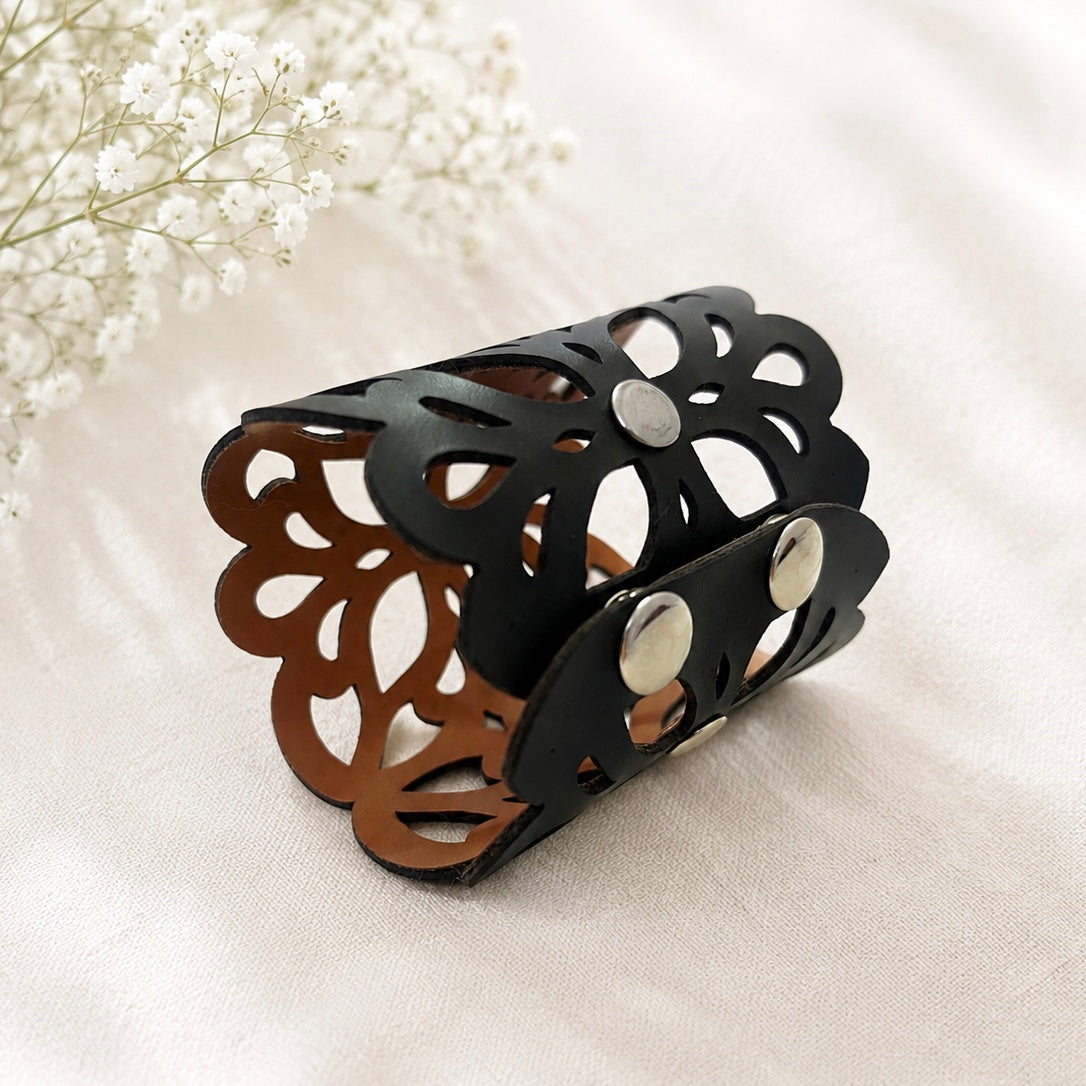 Leather Statement Cutwork Reversible Cuff Bracelet - Black and Camel