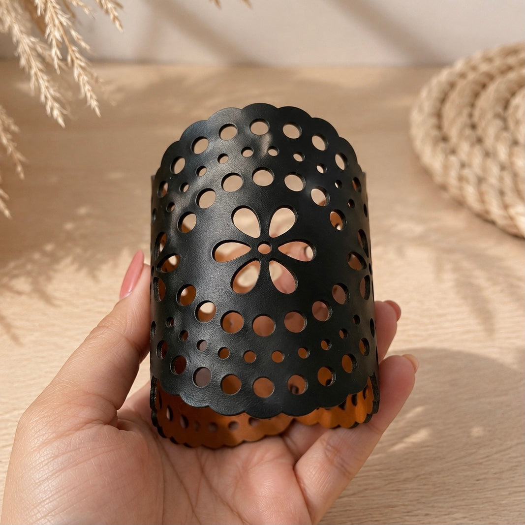 Leather Statement Cutwork Reversible Cuff Bracelet - Black and Camel