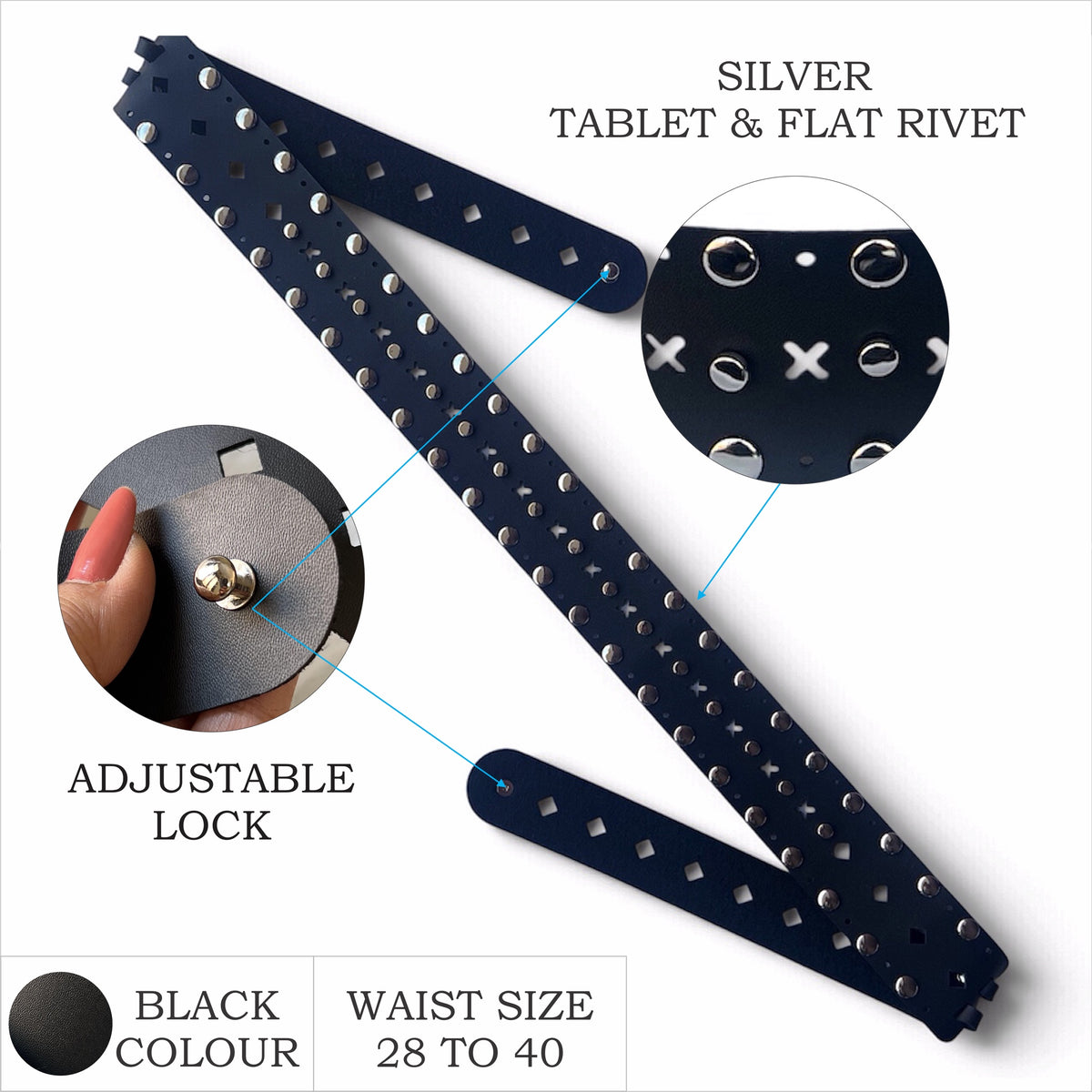 Women's Wide Leather Black Belt for Dresses - Studded Waist Belt