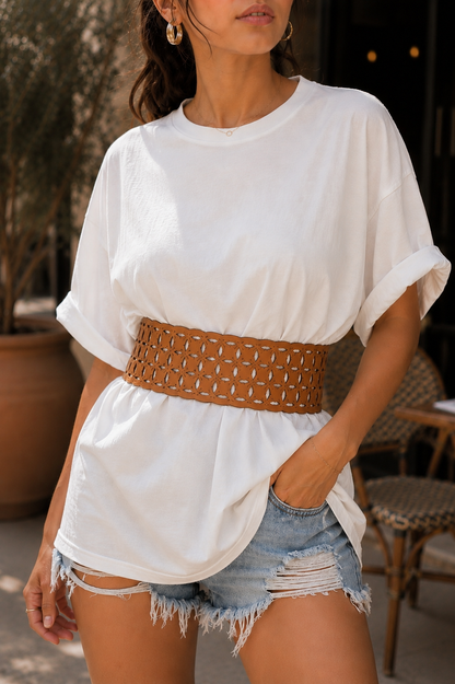 Leather Geometric Cutwork Reversible Wide Waist Belt - Black and Camel