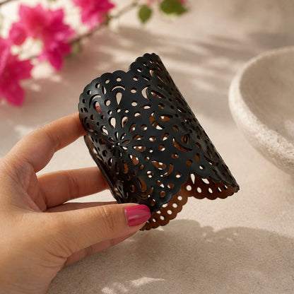 Leather Statement Cutwork Reversible Cuff Bracelet - Black and Camel