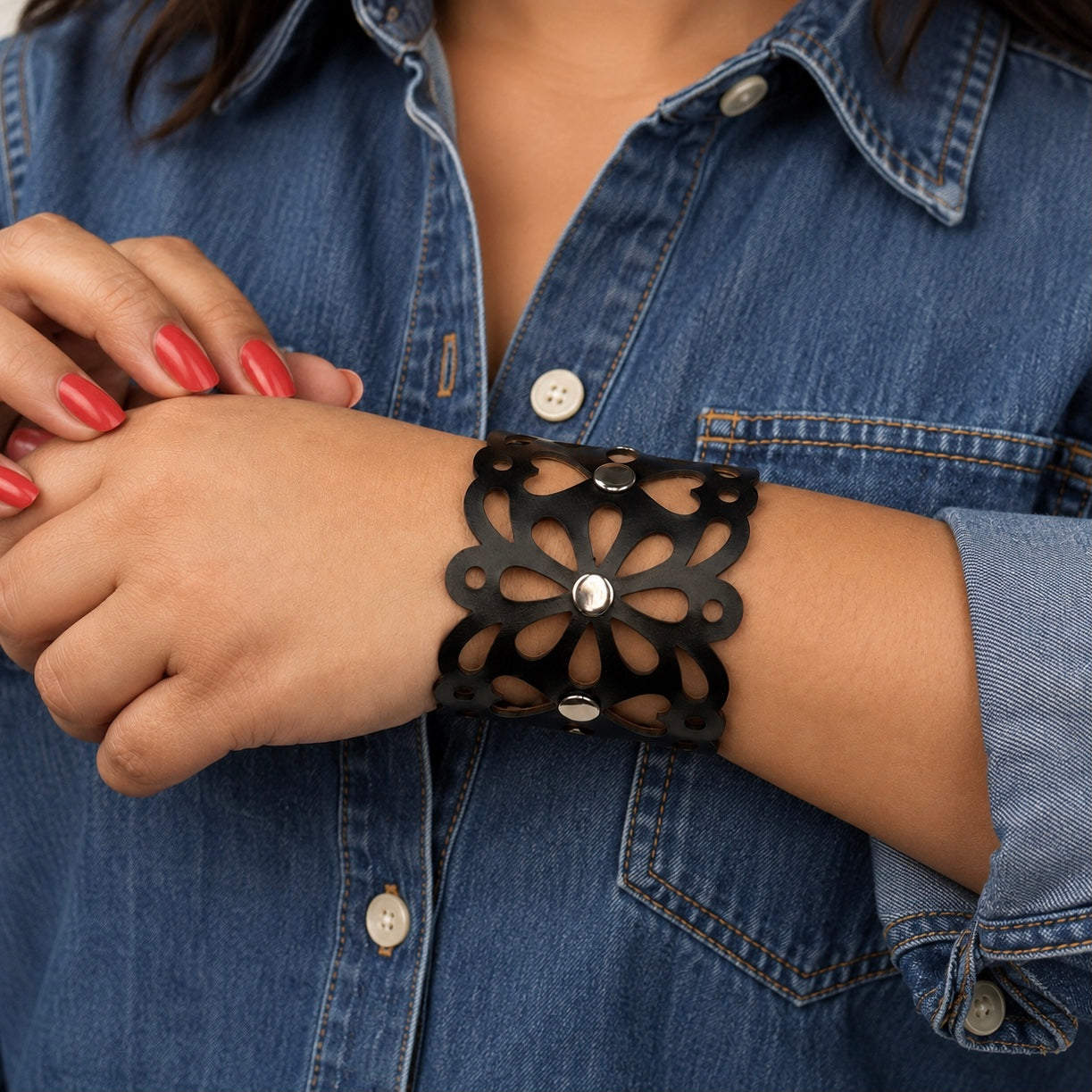Leather Statement Cutwork Reversible Cuff Bracelet - Black and Camel
