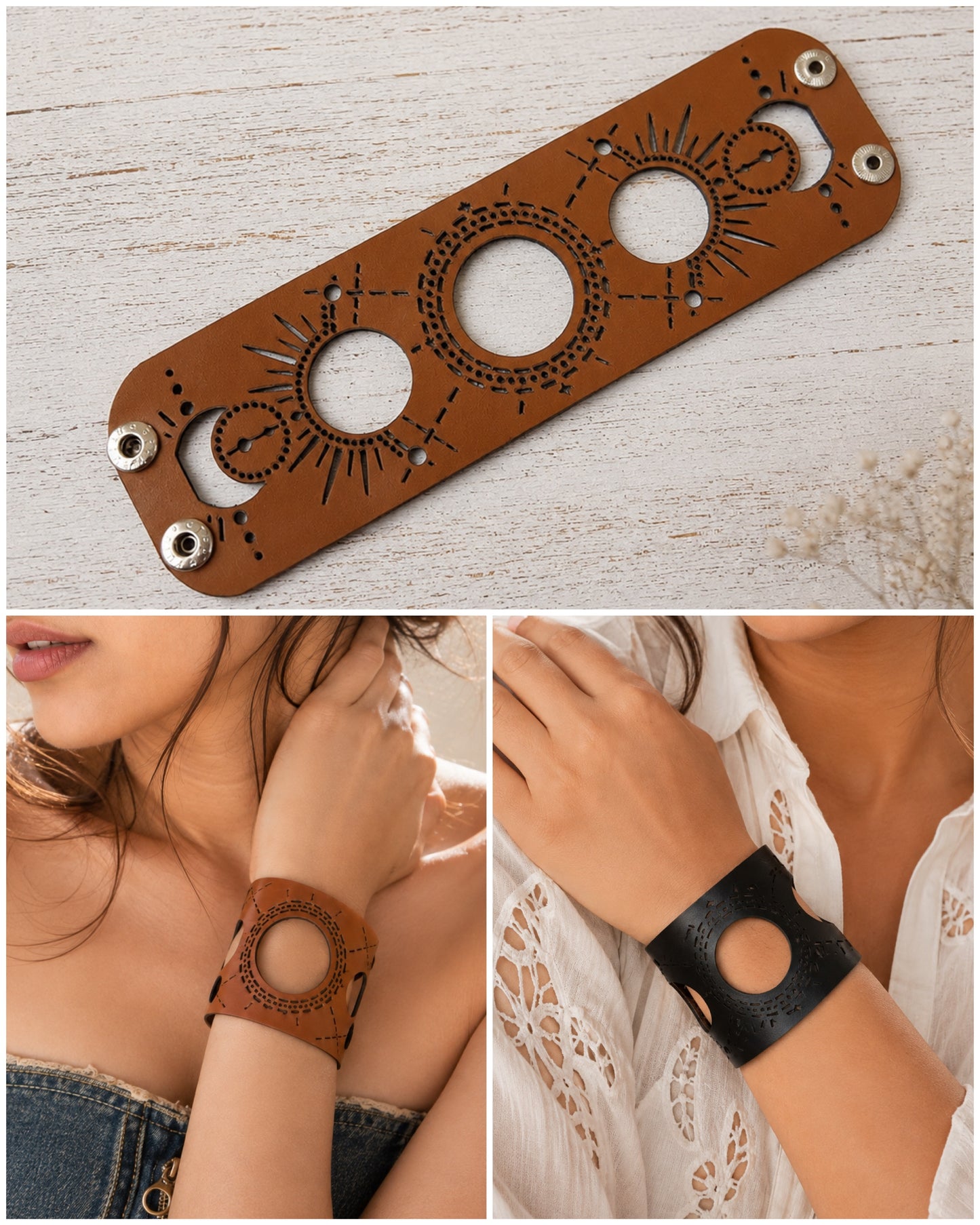 Leather Statement Cutwork Reversible Cuff Bracelet - Black and Camel