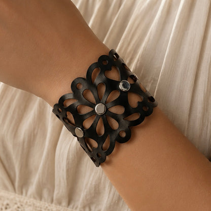 Leather Statement Cutwork Reversible Cuff Bracelet - Black and Camel