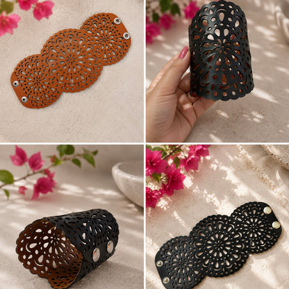 Leather Statement Cutwork Reversible Cuff Bracelet - Black and Camel