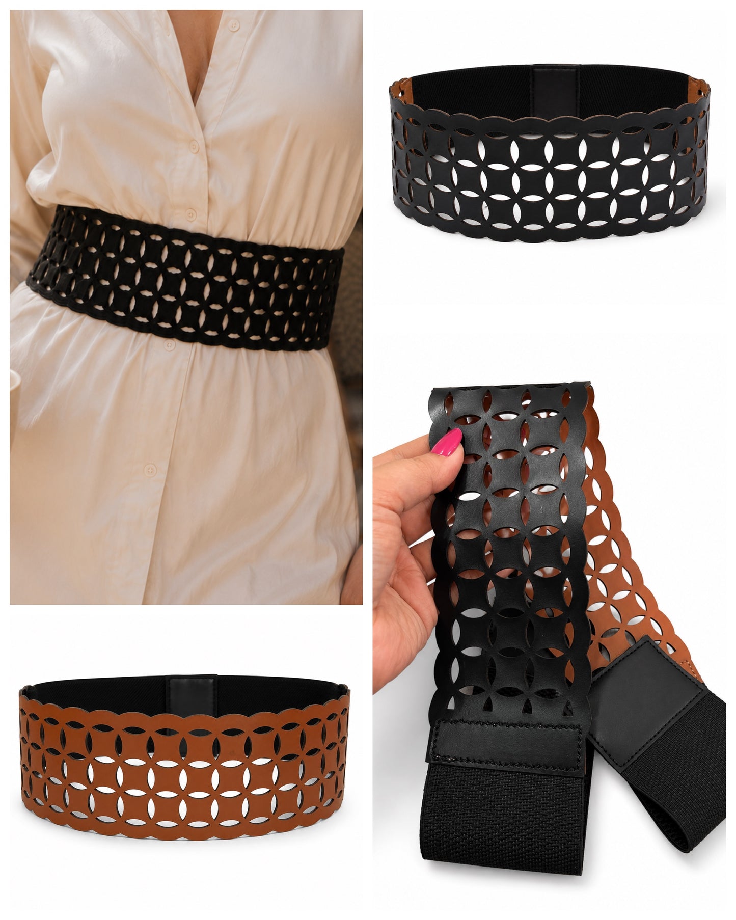 Leather Geometric Cutwork Reversible Wide Waist Belt - Black and Camel