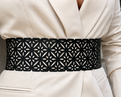 Leather Chic Cutwork Reversible Wide Waist Belt - Black and Camel