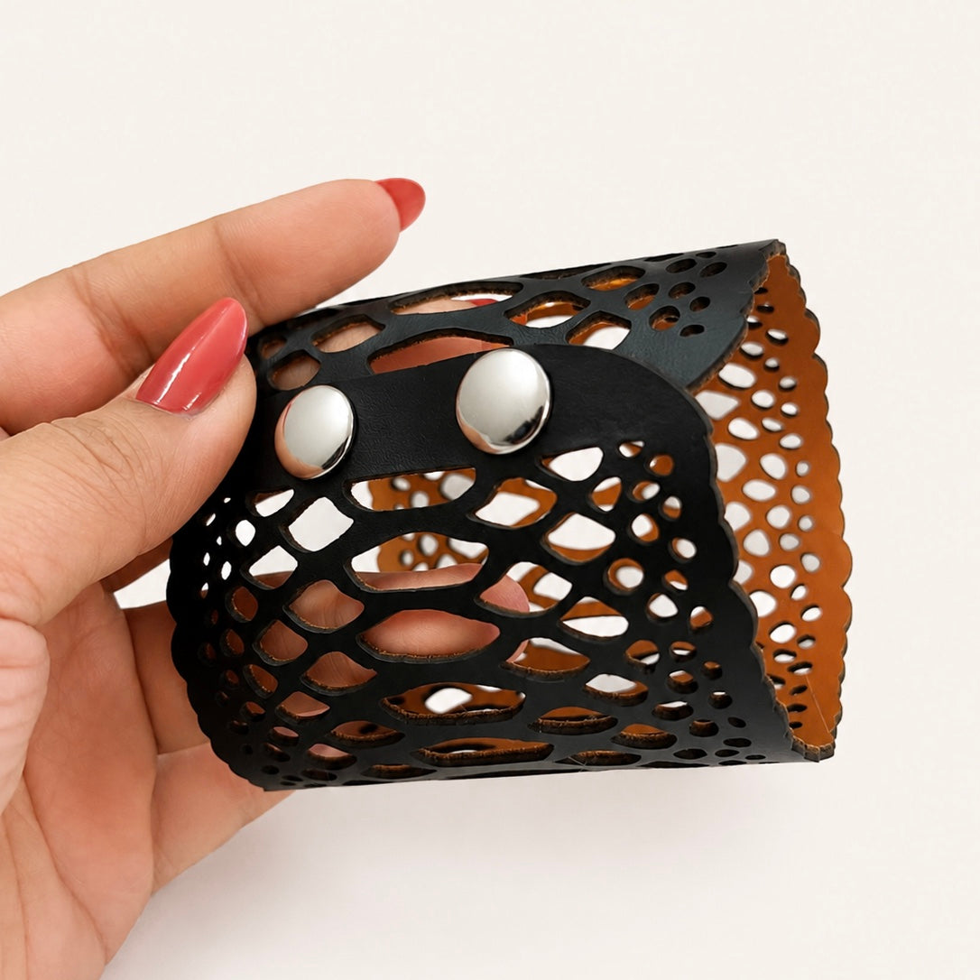 Leather Statement Cutwork Reversible Cuff Bracelet - Black and Camel