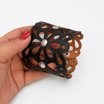 Leather Statement Cutwork Reversible Cuff Bracelet - Black and Camel