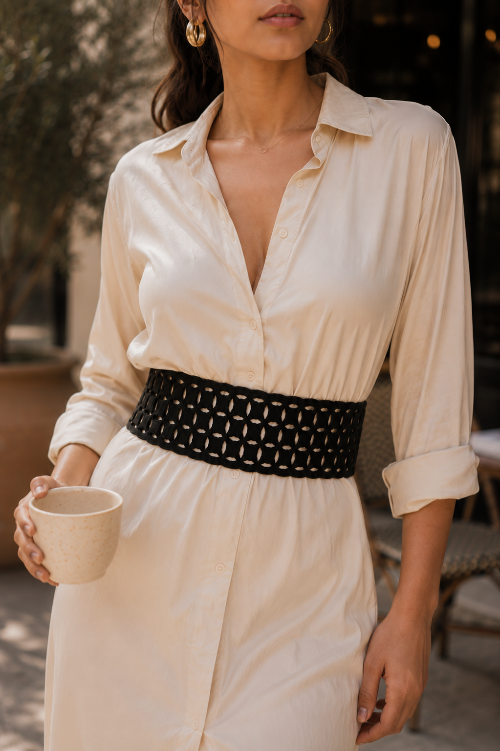 Leather Geometric Cutwork Reversible Wide Waist Belt - Black and Camel