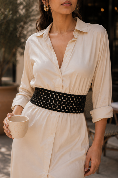 Leather Geometric Cutwork Reversible Wide Waist Belt - Black and Camel