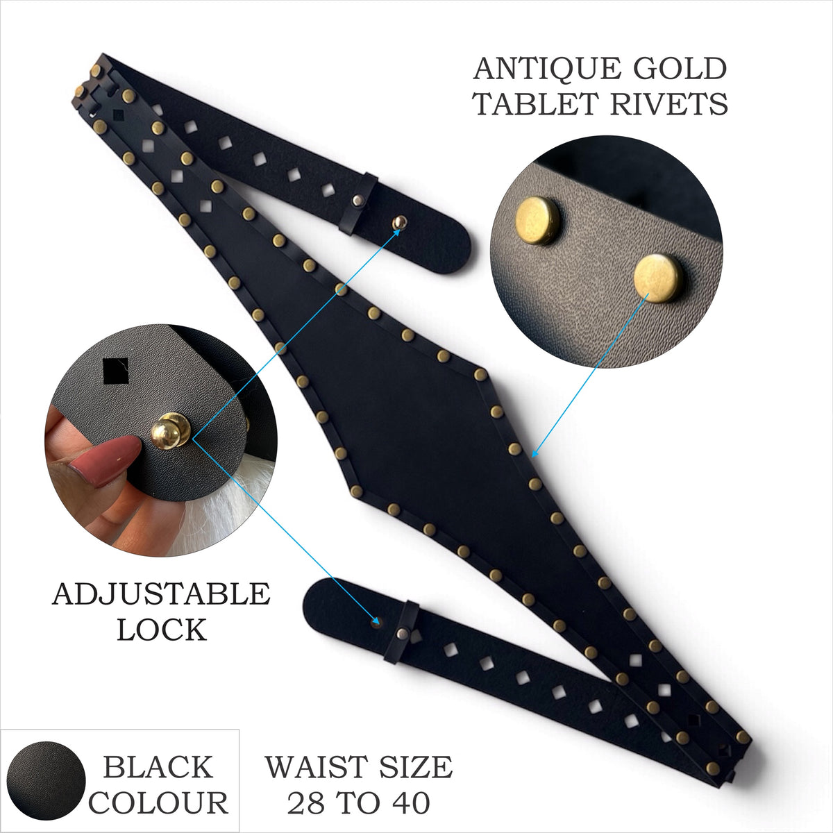 Women's Wide Leather Black Belt for Dresses - Studded Waist Belt