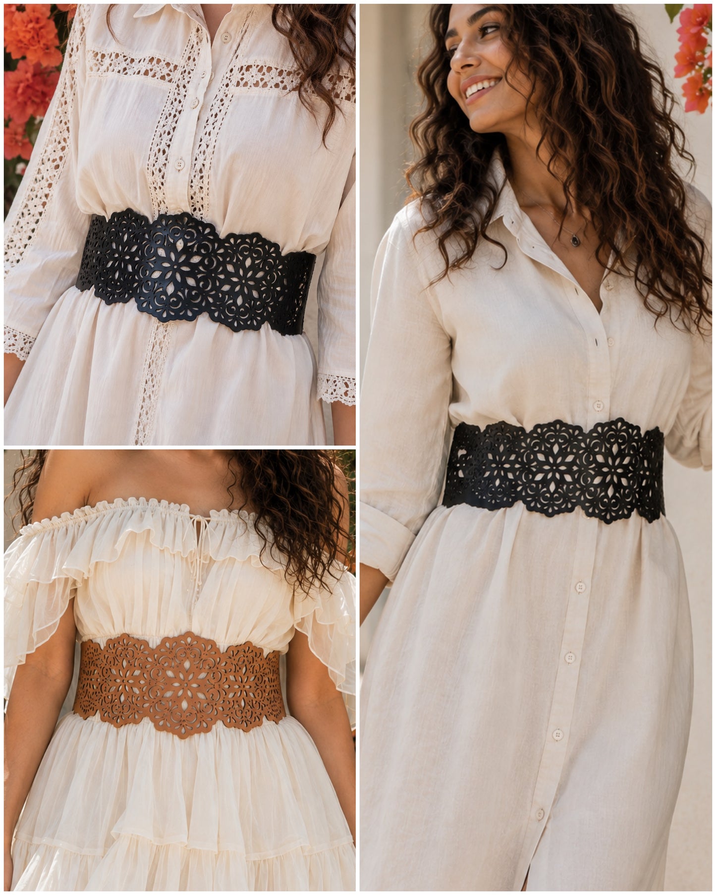 Leather Delicate Cutwork Reversible Wide Waist Belt - Black and Camel