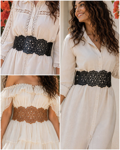 Leather Delicate Cutwork Reversible Wide Waist Belt - Black and Camel