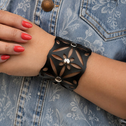 Leather Statement Cutwork Reversible Cuff Bracelet - Black and Camel