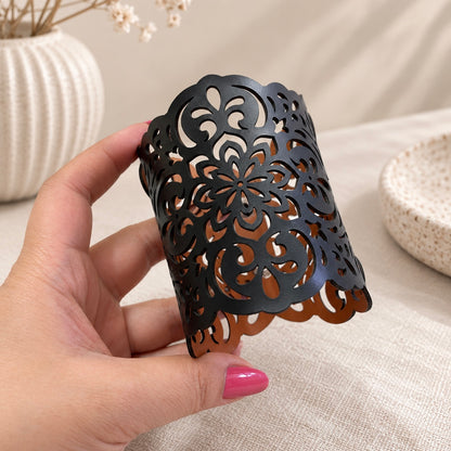 Leather Statement Cutwork Reversible Cuff Bracelet - Black and Camel